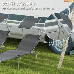 Outsunny Folding Sun Lounger Set of 2 with Canopy, Reclining Sunbed with 4-Position Adjustable Backrest, 600D Oxford Cloth, Portable Garden Lounger Recliner Chair for Beach, Camping, Patio, Grey