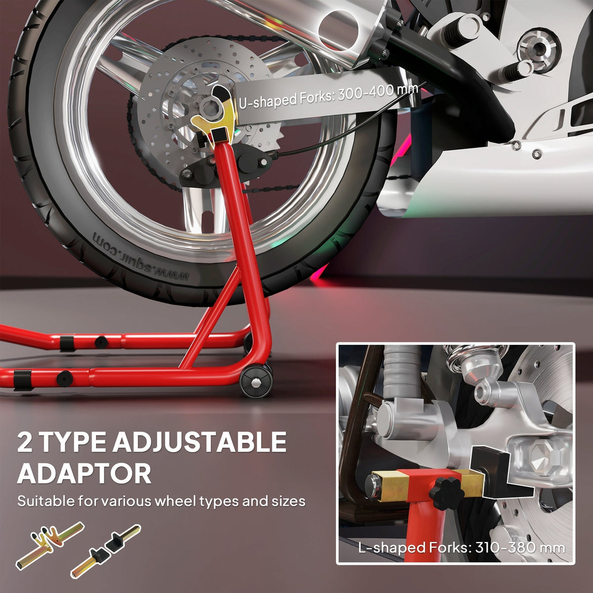 HOMCOM Motorcycle Rear Wheel Stand, 544 kg Capacity Heavy Duty Steel Motorbike Motorcycle Paddock Stand Lift with Adjustable U + L Forks, Wheels, Non-Slip Pads for Workshop Garage Repair, Red