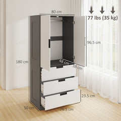 HOMCOM 2 Door Wardrobe, Modern Wardrobe with 3 Drawers and Hanging Rod for Bedroom, Grey