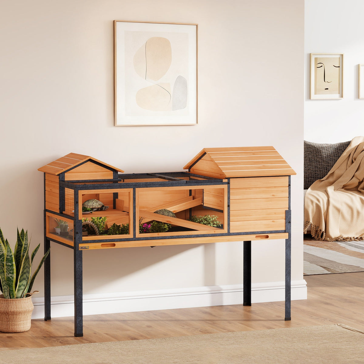 PawHut Wooden Tortoise House with Stand Legs, Clear Observation Windows, Ramps, Openable Top, Built-in Tray, Yellow