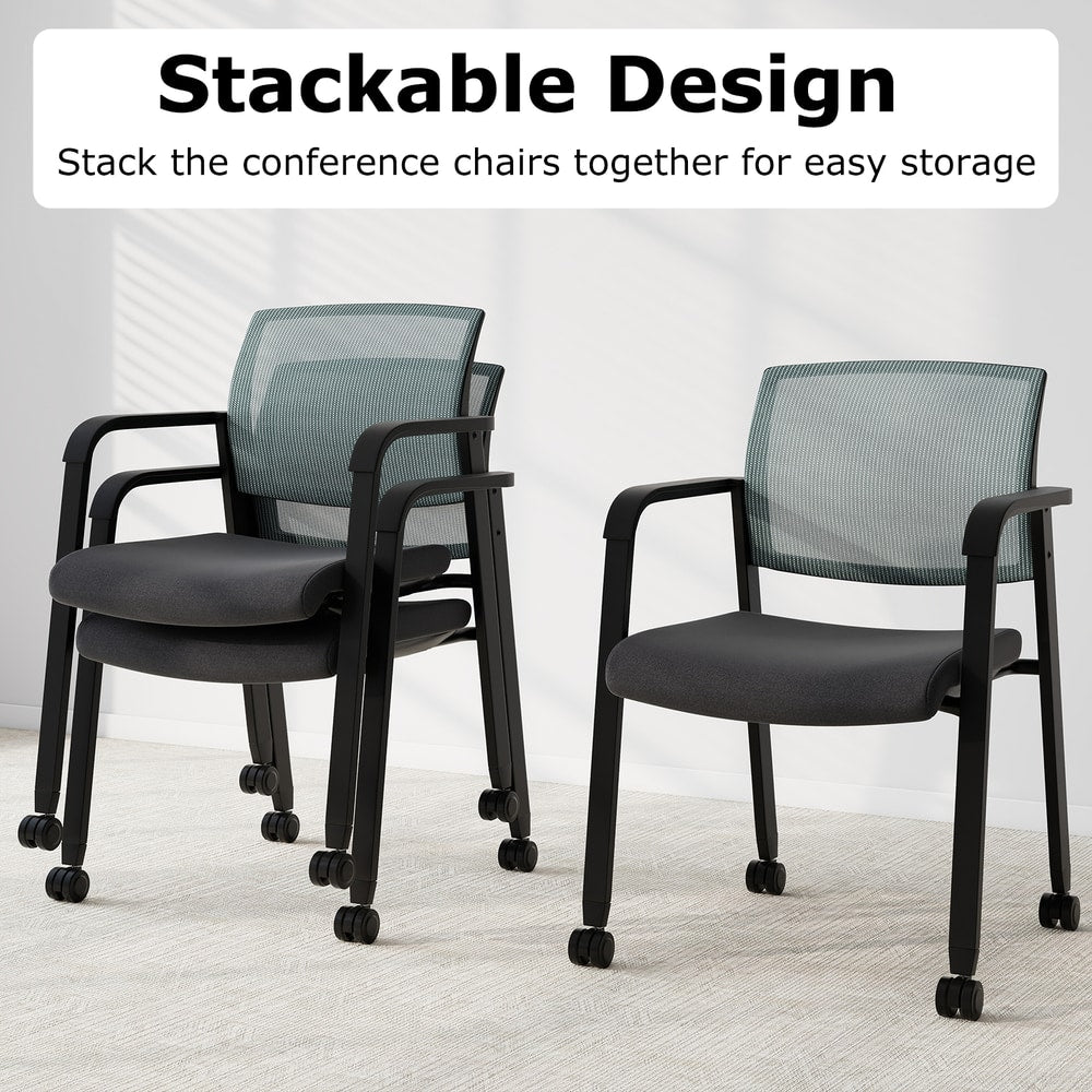 Two grey office chairs demonstrating their stackable design for easy storage