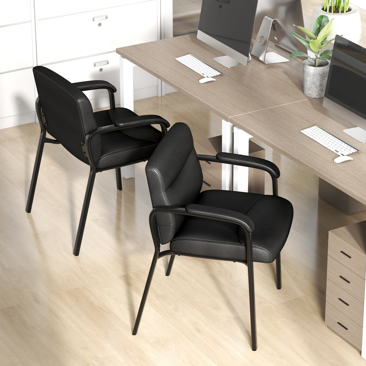 Upholstered Waiting Room Chair No Wheels Set of 2 with Padded Armrests-Black