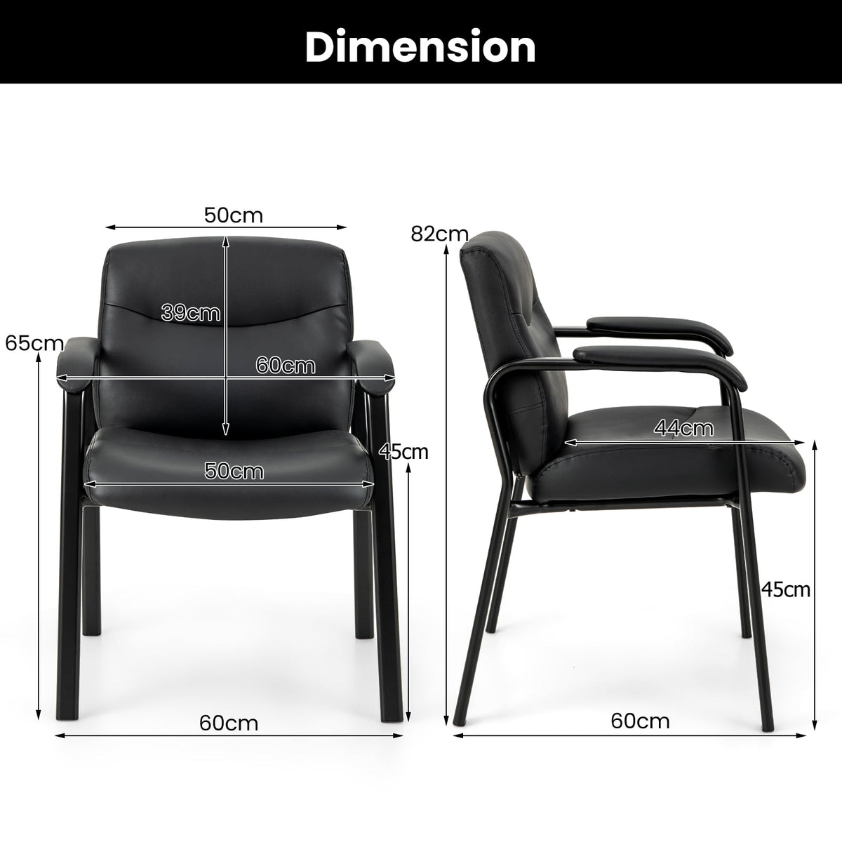 Upholstered Waiting Room Chair No Wheels Set of 2 with Padded Armrests-Black