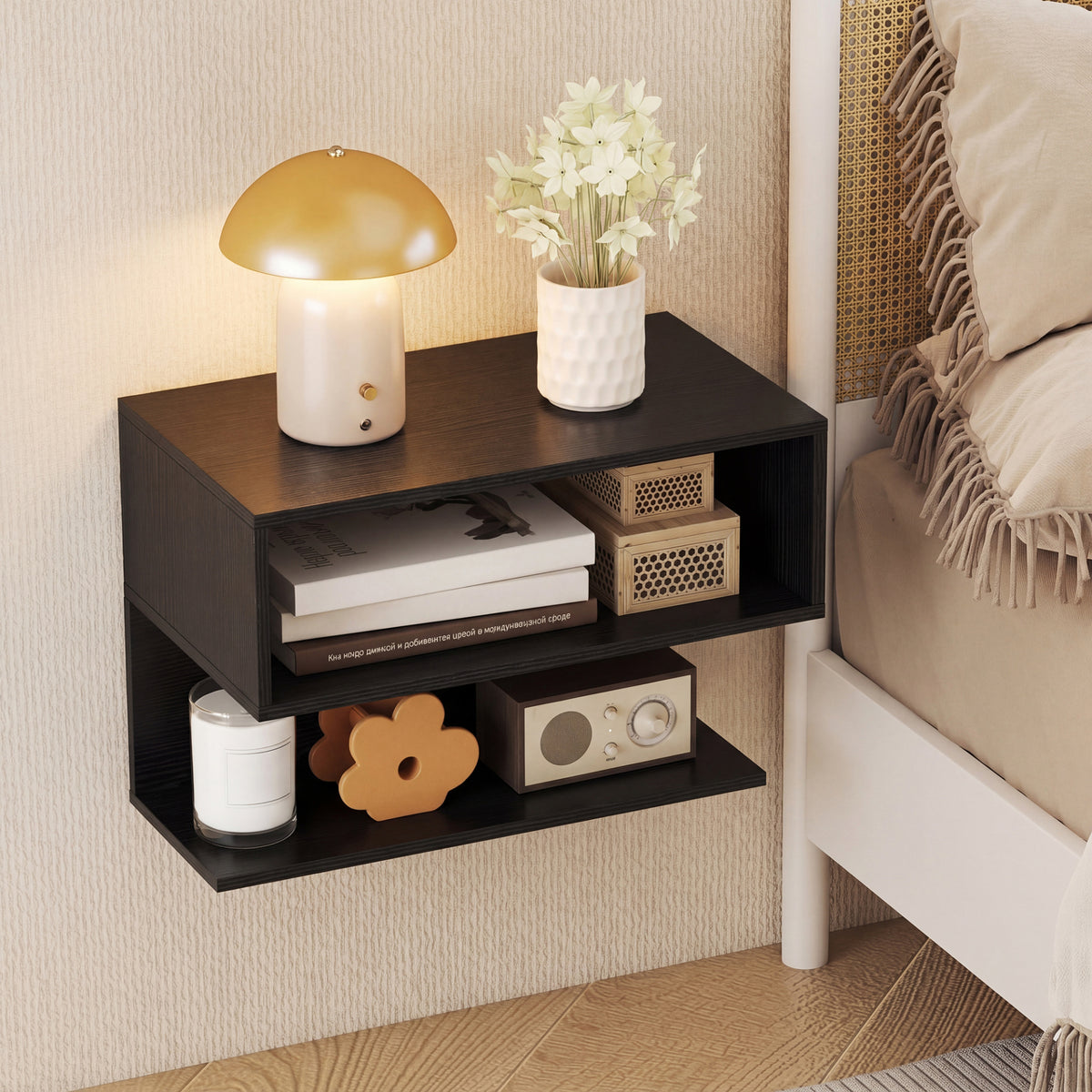 Wall Mounted Bedside Table with Storage Shelves-Black