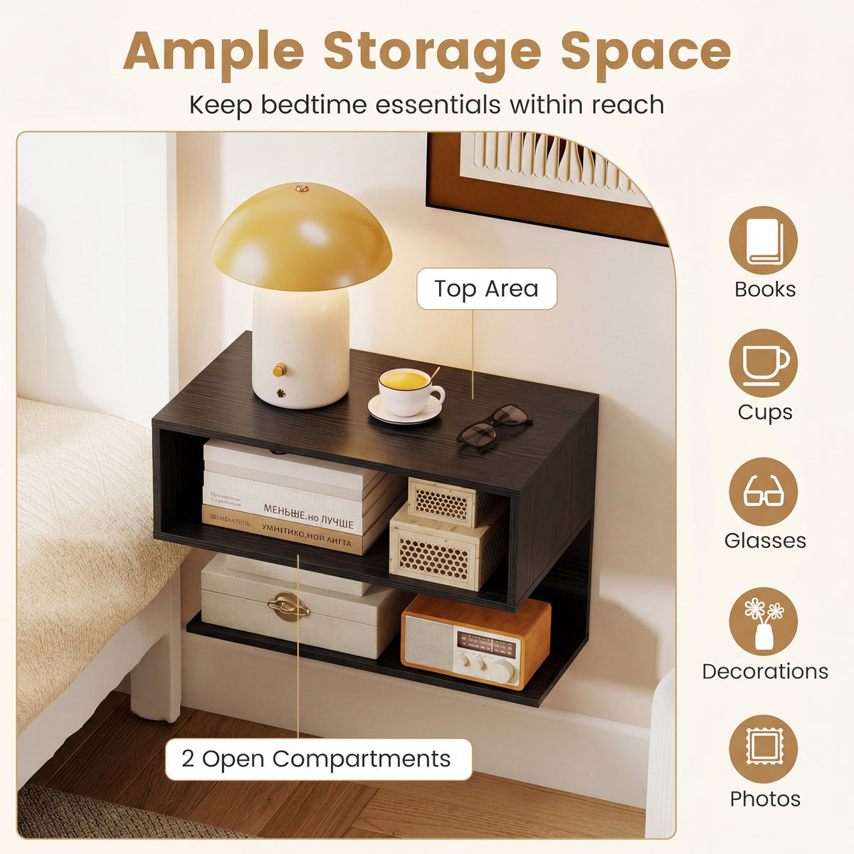 Wall Mounted Bedside Table with Storage Shelves-Black