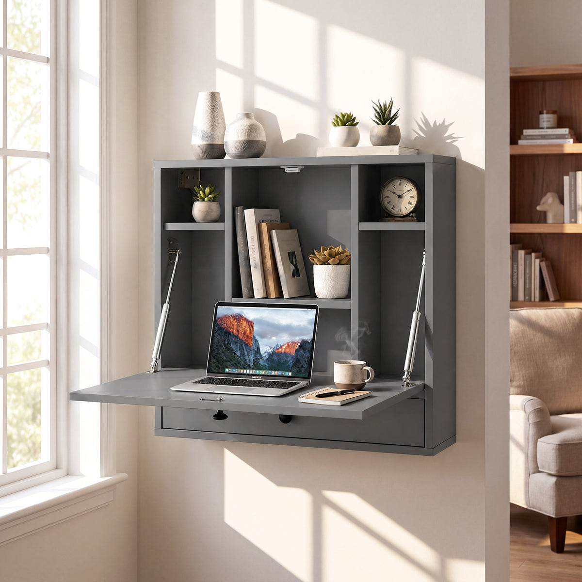Wall-Mounted Fold-Down Desk Floating Computer Workstation with Drawer and 6 Cubes-Grey