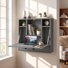 Wall-Mounted Fold-Down Desk Floating Computer Workstation with Drawer and 6 Cubes-Grey