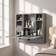 Wall-Mounted Fold-Down Desk Floating Computer Workstation with Drawer and 6 Cubes-Grey