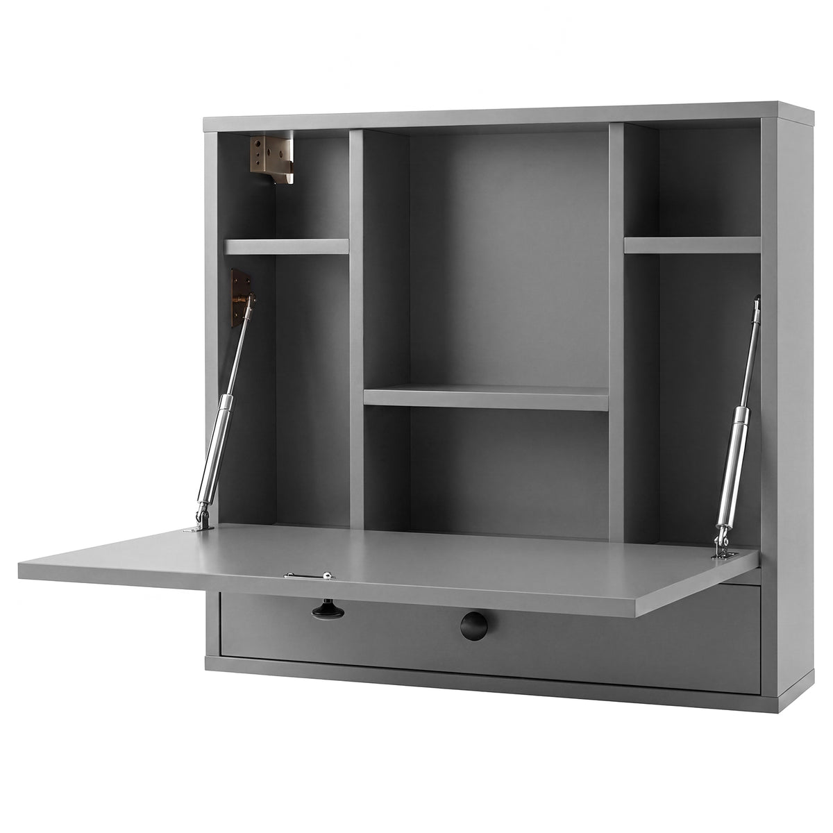 Wall-Mounted Fold-Down Desk Floating Computer Workstation with Drawer and 6 Cubes-Grey