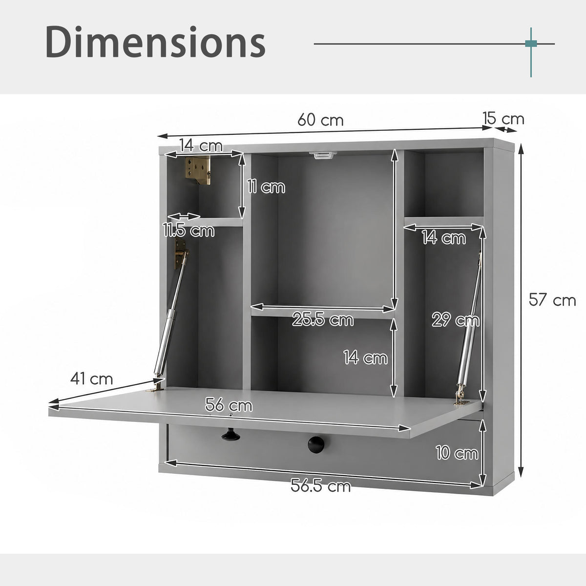 Wall-Mounted Fold-Down Desk Floating Computer Workstation with Drawer and 6 Cubes-Grey