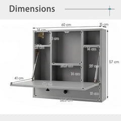 Wall-Mounted Fold-Down Desk Floating Computer Workstation with Drawer and 6 Cubes-Grey