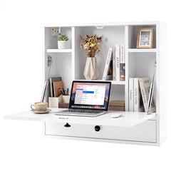 Wall-Mounted Fold-Down Desk Floating Computer Workstation with Drawer and 6 Cubes-White