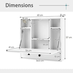 Wall-Mounted Fold-Down Desk Floating Computer Workstation with Drawer and 6 Cubes-White