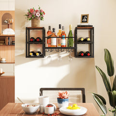 Wall Mounted Wine Rack with Glass Holder, Wine Bottles Open Shelves-Rustic Brown