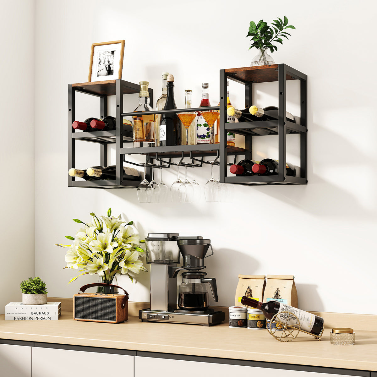 Wall Mounted Wine Rack with Glass Holder, Wine Bottles Open Shelves-Rustic Brown