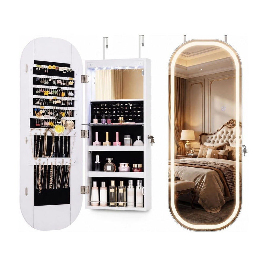 Wall and Door Mounted Jewelry Cabinet with 3-Color Adjustable Full-Length Mirror-White