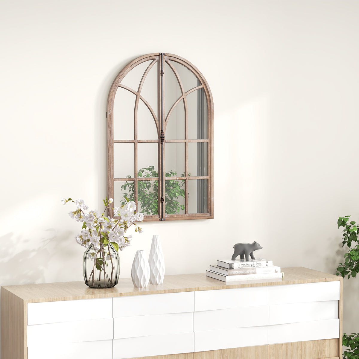 Wall Mounted Arched Window Pane Mirror-Natural