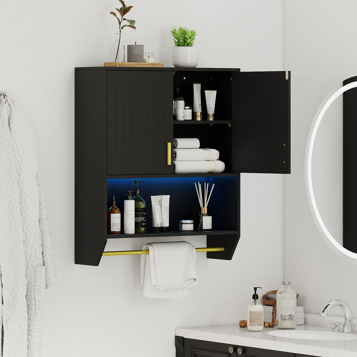 Wall Mounted Bathroom Cabinet Over the Toilet Storage Cabinet with 3-Color Lights-Black