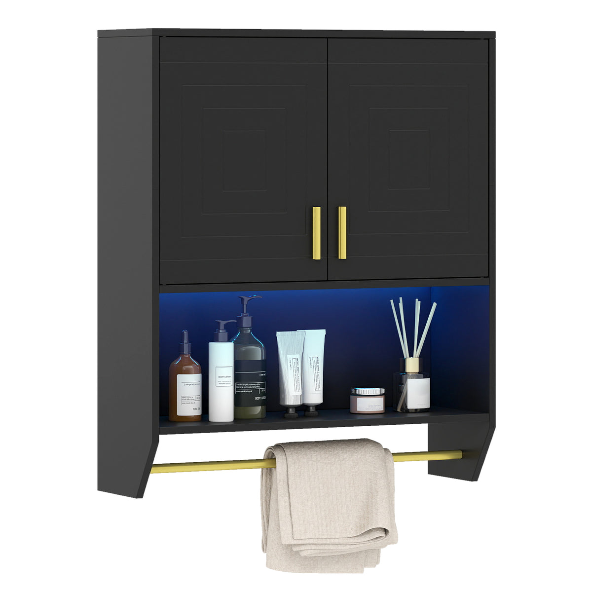 Wall Mounted Bathroom Cabinet Over the Toilet Storage Cabinet with 3-Color Lights-Black