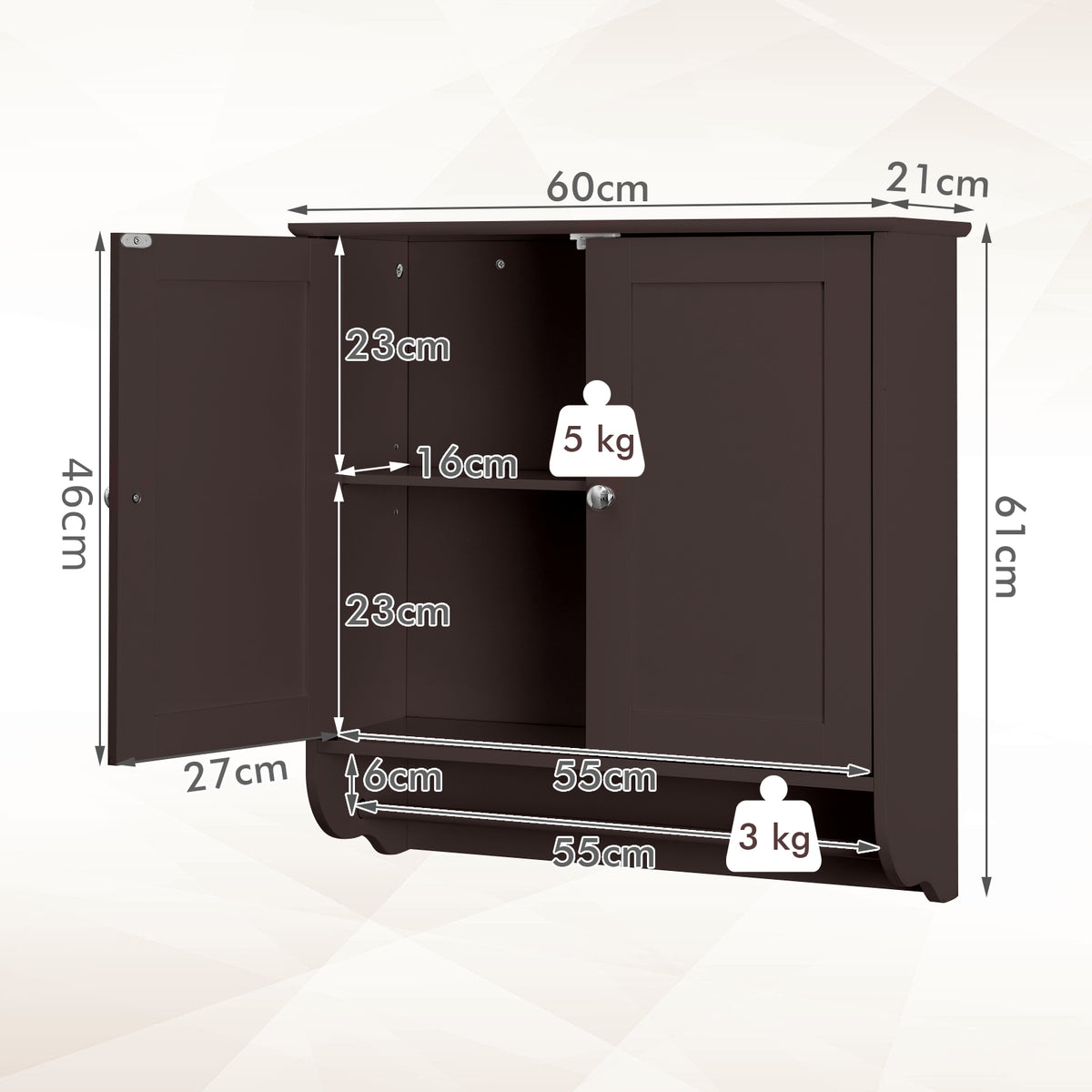 Wall Mounted Bathroom Cabinet with Adjustable Shelf-Brown
