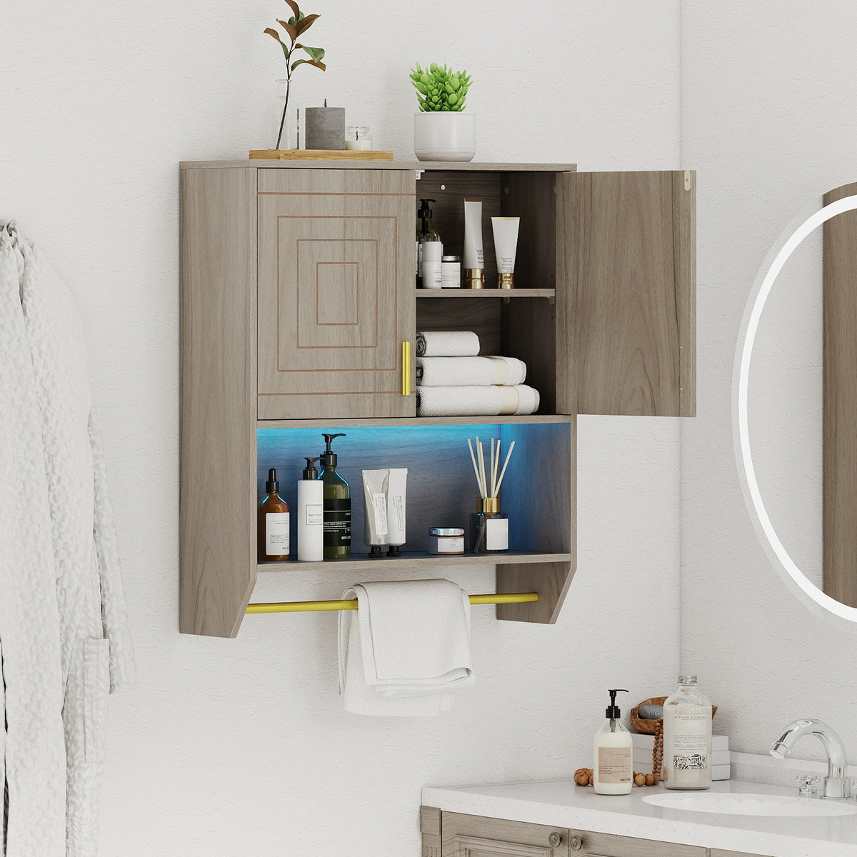 Wall Mounted Bathroom Cabinet Over the Toilet Storage Cabinet with 3-Color Lights-Grey