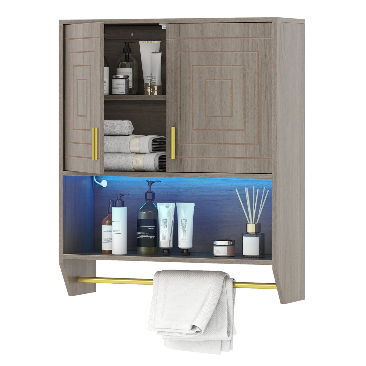 Wall Mounted Bathroom Cabinet Over the Toilet Storage Cabinet with 3-Color Lights-Grey