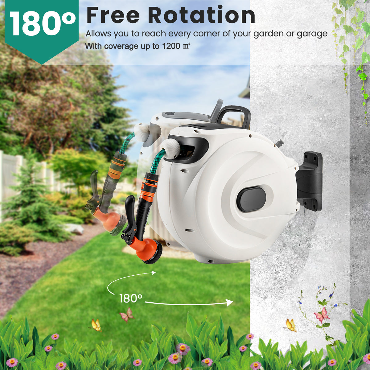 Wall Mounted Hose Reel Retractable Auto Rewind Watering-30+2M