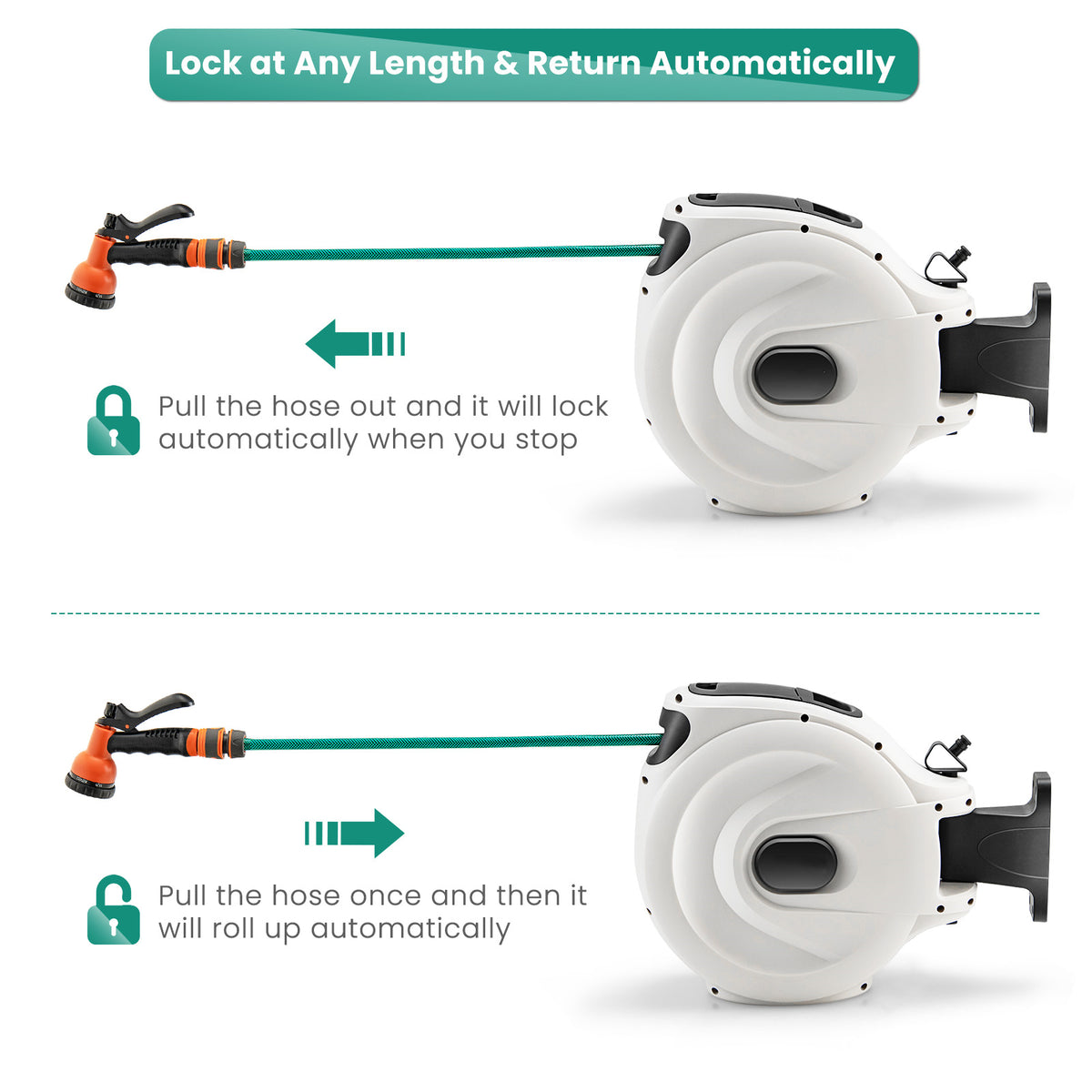 Wall Mounted Hose Reel Retractable Auto Rewind Watering-30+2M