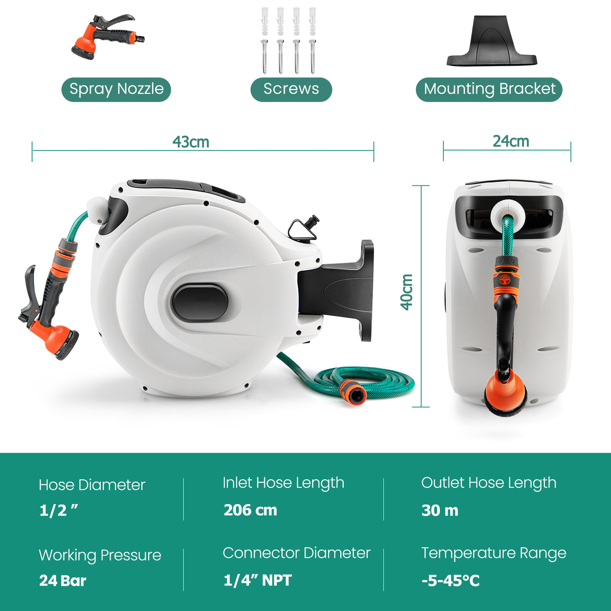 Wall Mounted Hose Reel Retractable Auto Rewind Watering-30+2M