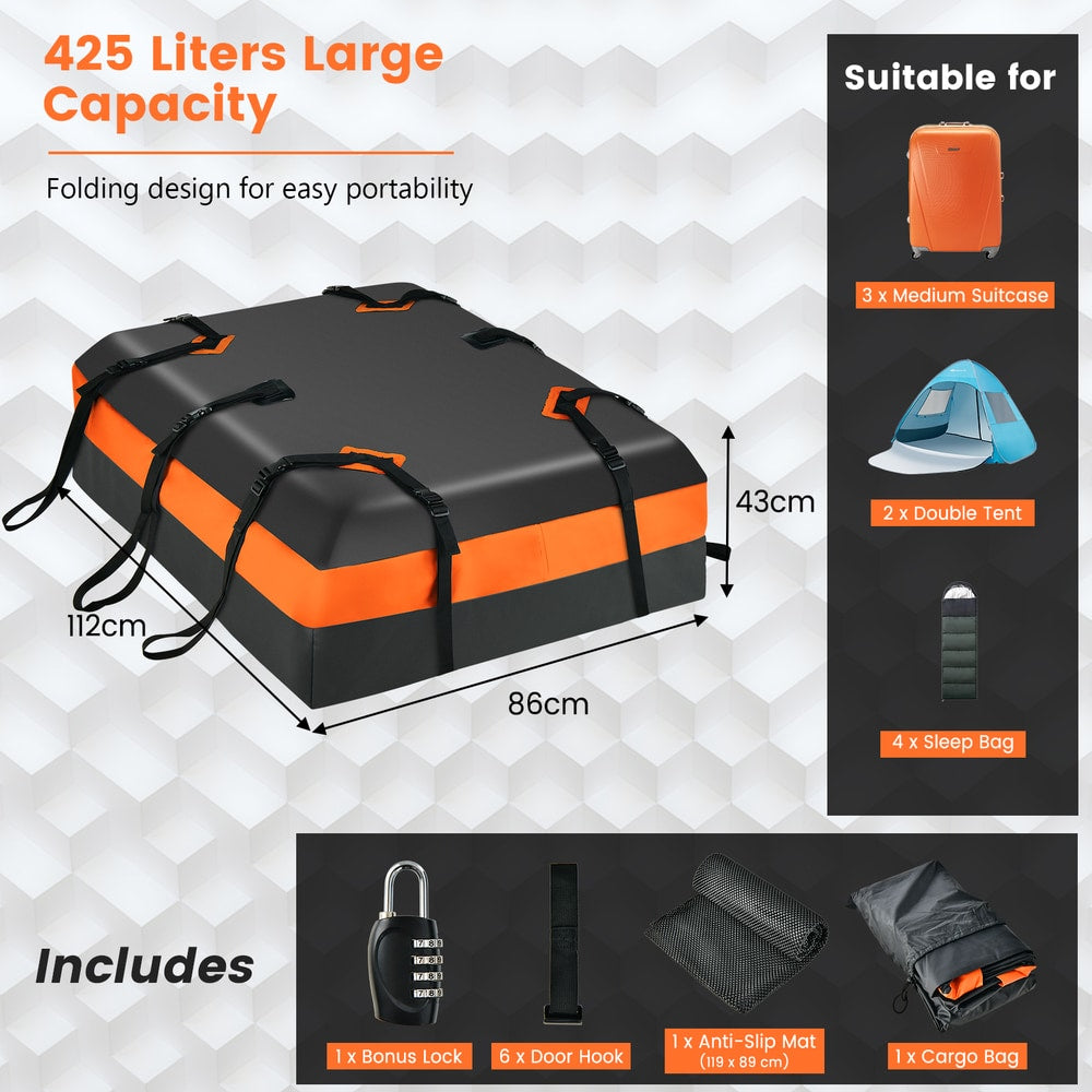 The large capacity rooftop luggage bag shown with dimensions and items it can hold