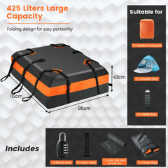 The large capacity rooftop luggage bag shown with dimensions and items it can hold