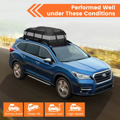 The rooftop luggage bag on a car roof driving on bumpy roads, steep hills and during sudden turns