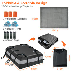 The rooftop luggage bag shown with dimensions and capacity examples including suitcases and tents