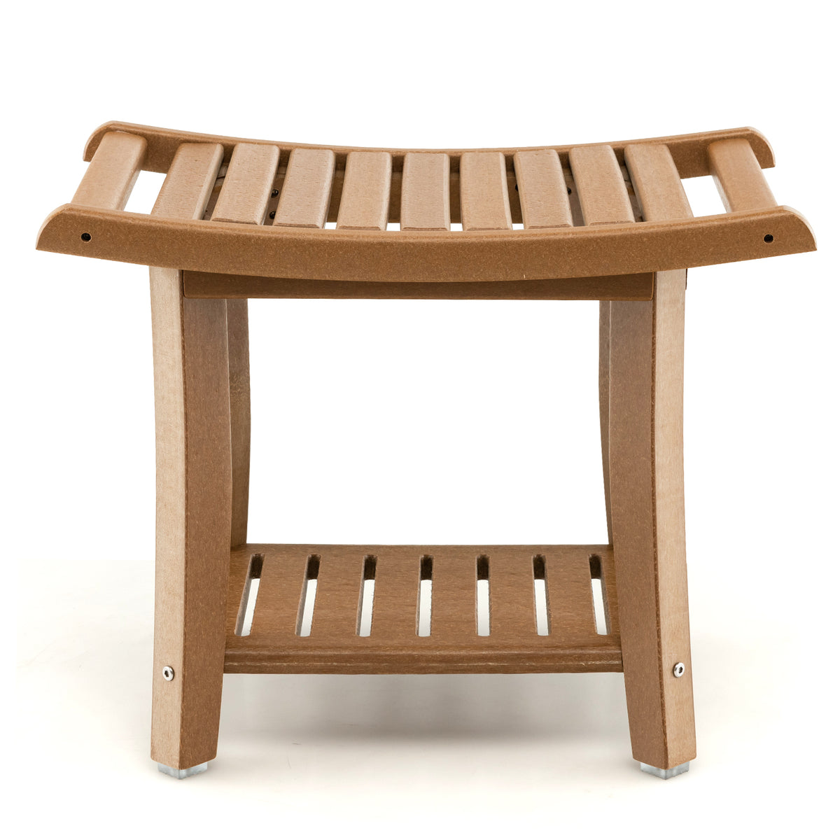Front view of the brown two-tier shower bench with a slatted seat and shelf
