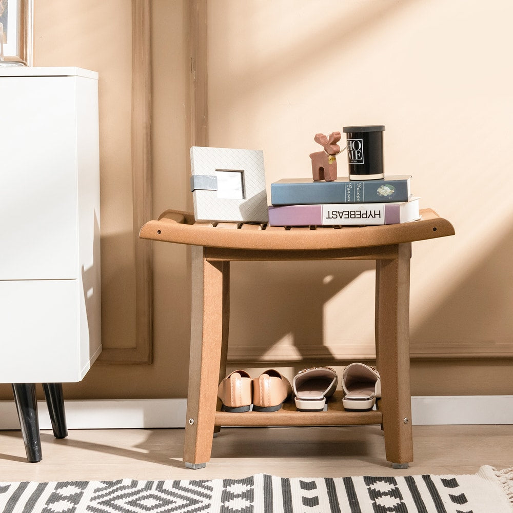 The shower bench with curved seat used as a shoe rack in a hallway
