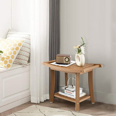The two-tier shower bench with curved seat in a bright room with cushions and books