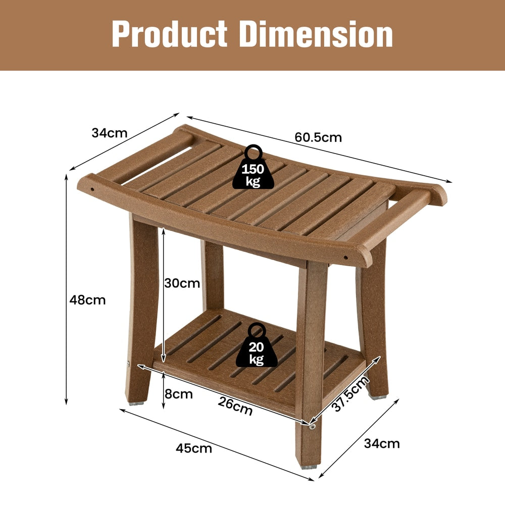 Diagram showing the dimensions of the brown two-tier shower bench