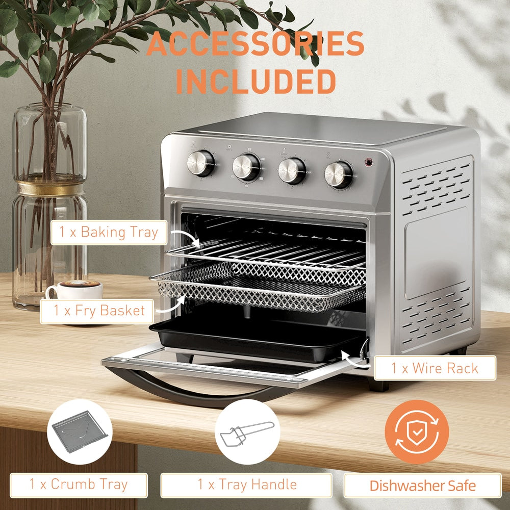 the air fryer oven with all its included accessories laid out, such as trays and racks