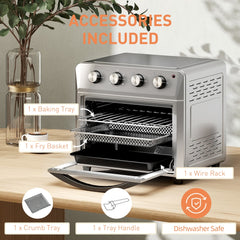 the air fryer oven with all its included accessories laid out, such as trays and racks