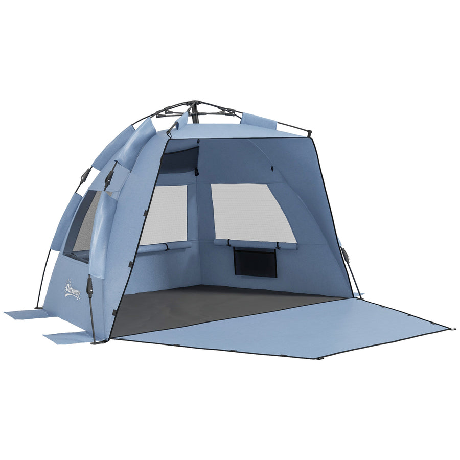 Outsunny 2-3 Person Pop Up Beach Tent in light blue with an extended floor and mesh windows