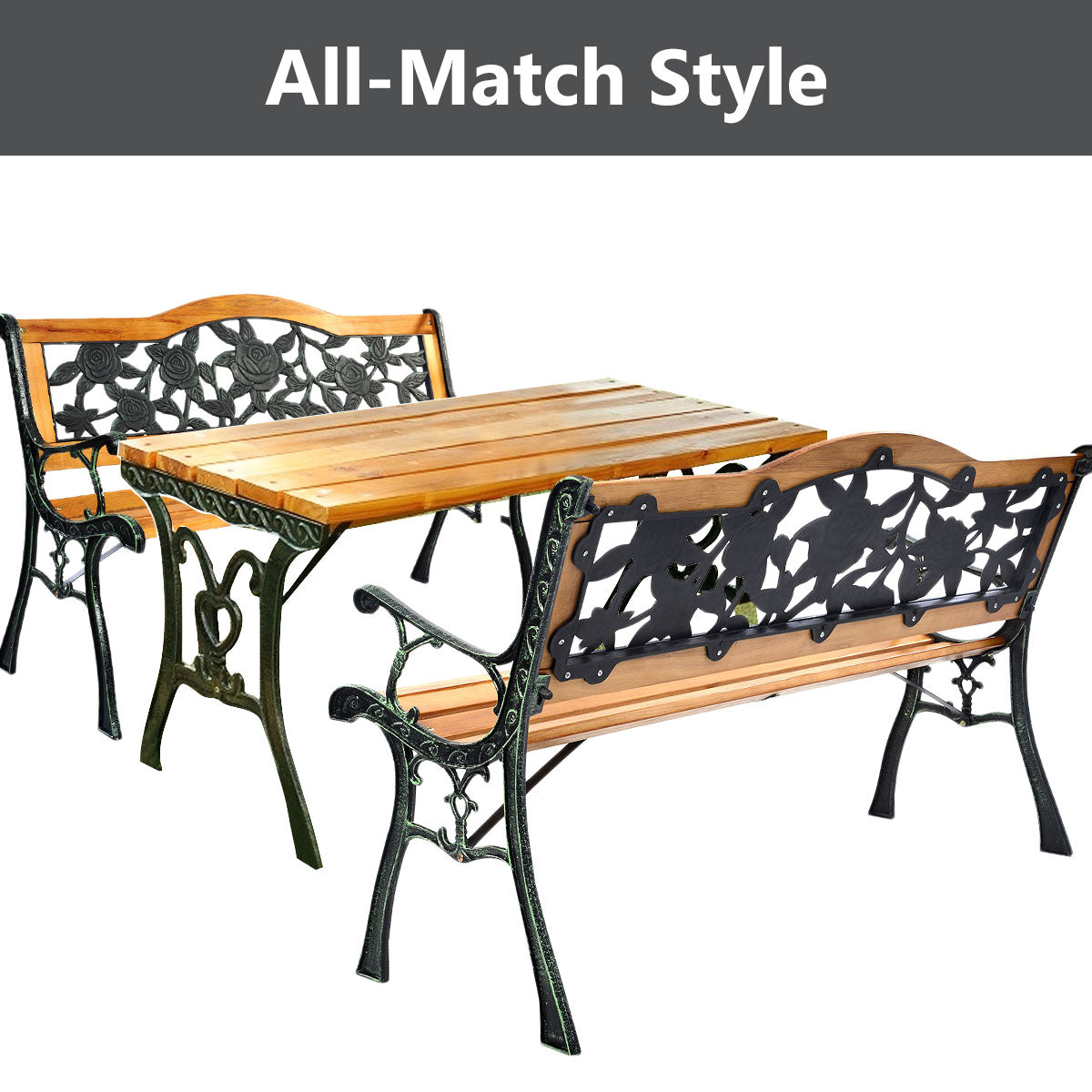 Weatherproof Garden Bench with Iron Structure and Solid Wood Slats Seat