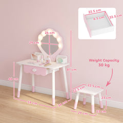 AIYAPLAY Kids Vanity Set, Kids Dressing Table with Chair, Acrylic Mirror, Lighted Bulbs, 7-Piece Accessories, for 3-8 Years, Pink
