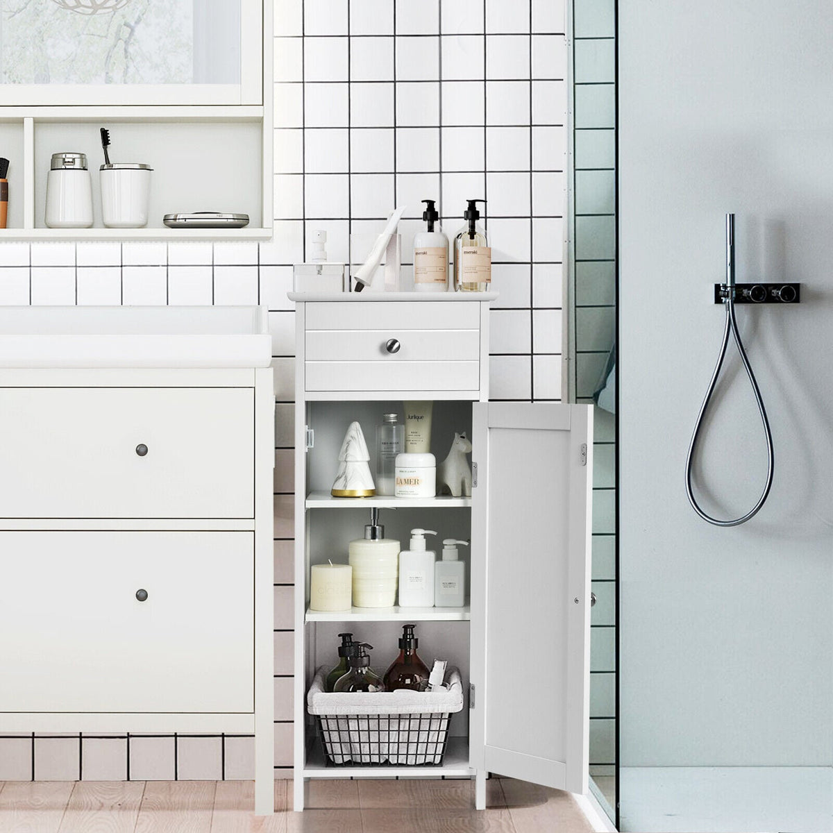 1-Door Freestanding Bathroom Storage Cabinet with Drawer and Adjustable Shelves-White