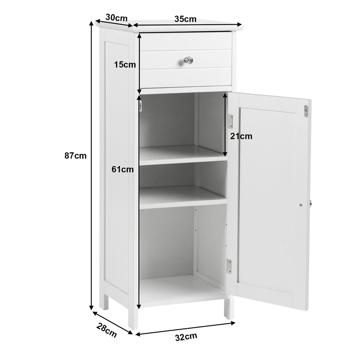 3-Tier Free-Standing Bathroom Cabinet with Drawer-White