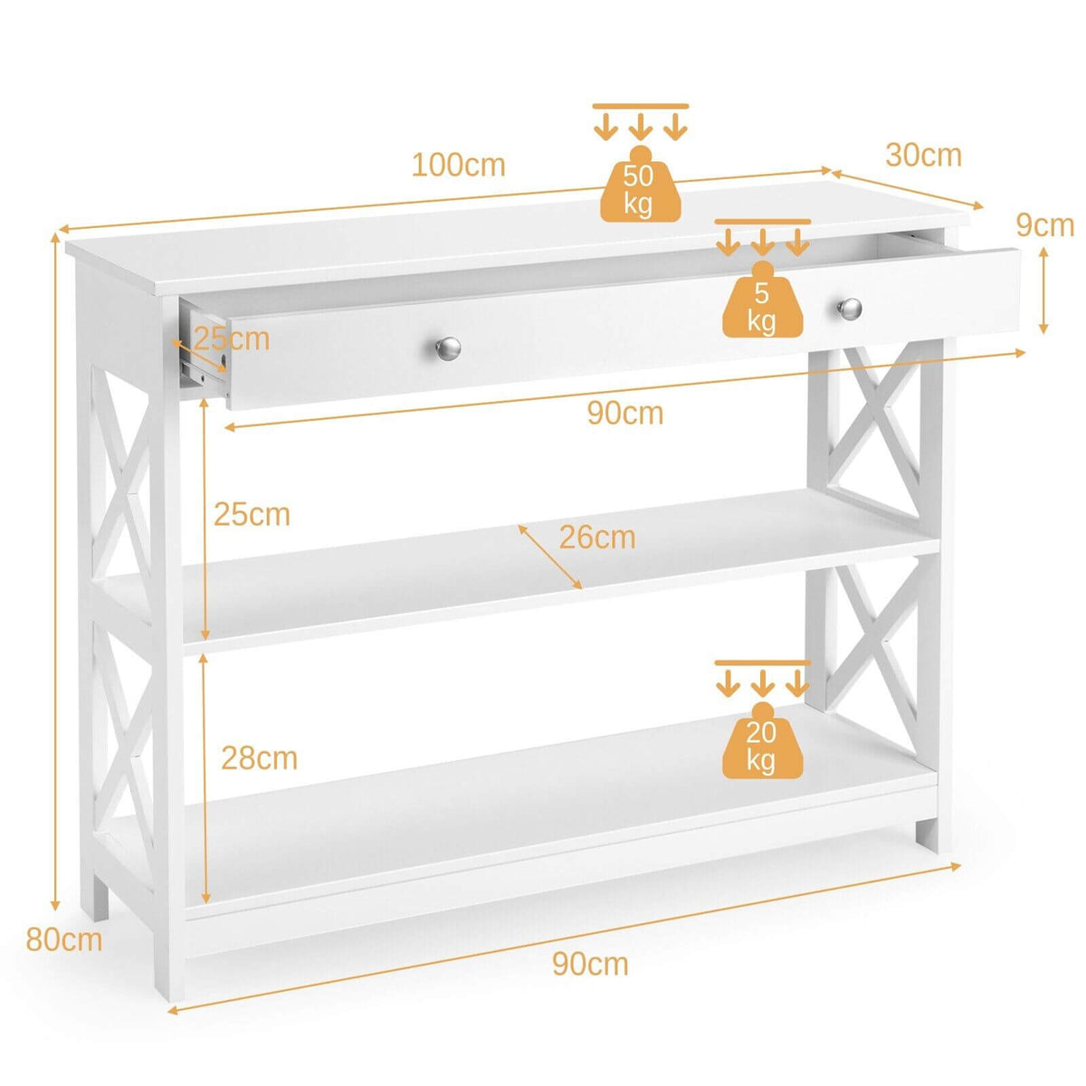3-Tier Console Table with 1 Drawer and 2 Storage Shelves-White