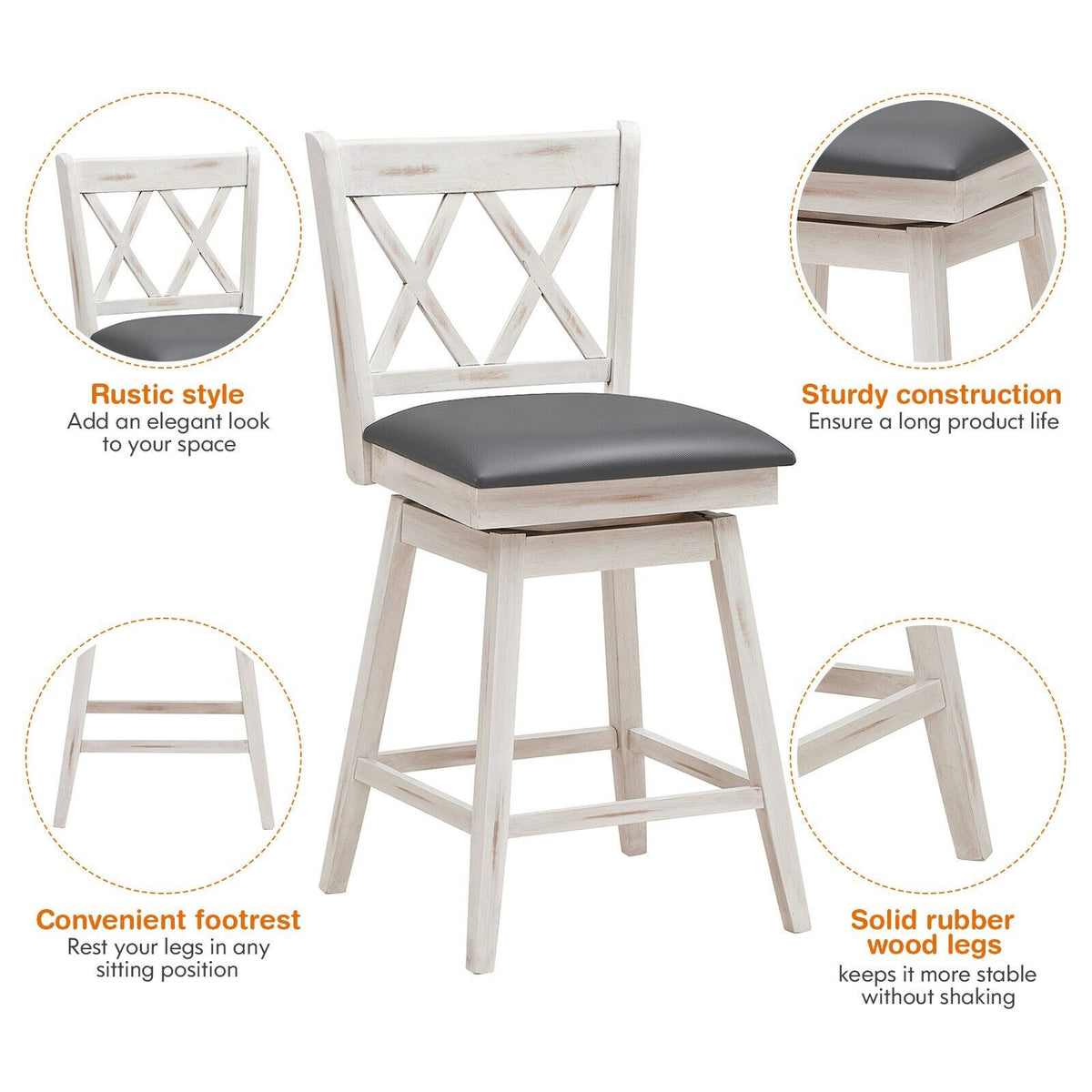 Set of 2 Counter Height Bar Stool with Ergonomic Backrest-White