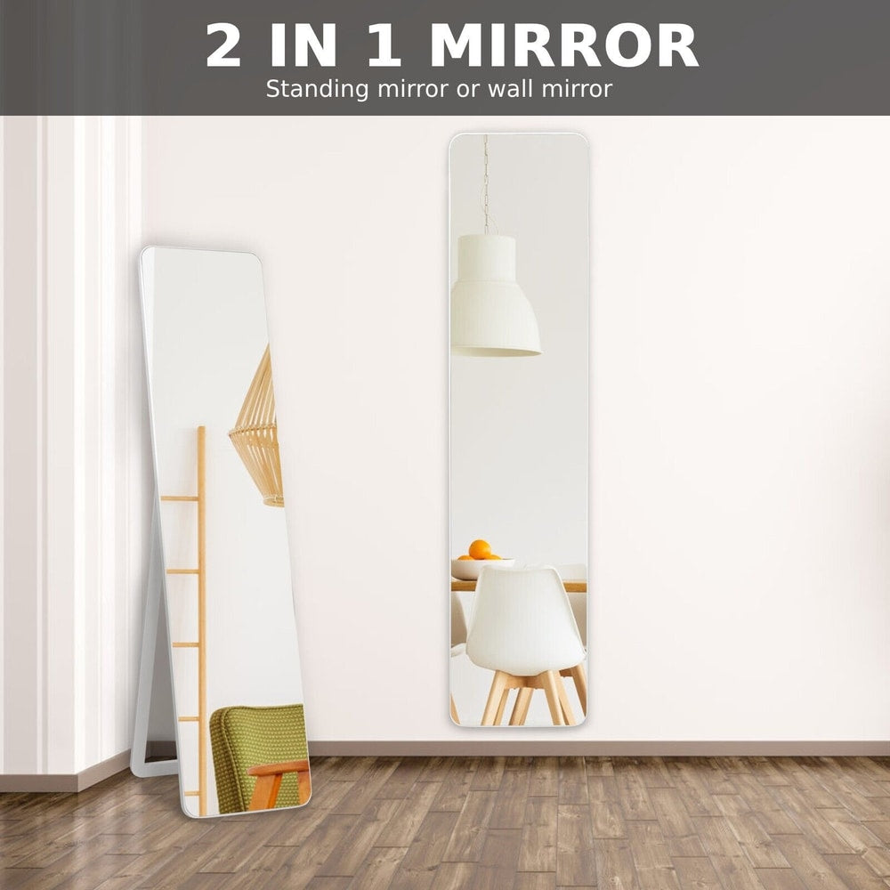 This standing mirror can also be mounted on the wall, shown in two different room settings