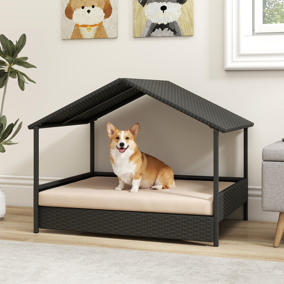 Wicker Dog House Outdoor Indoor with Canopy up to 60kg-Beige