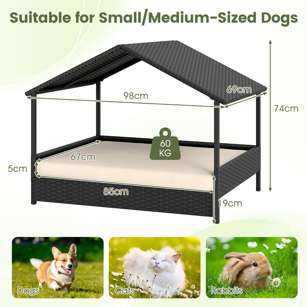Wicker Dog House Outdoor Indoor with Canopy up to 60kg-Beige
