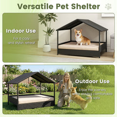 Wicker Dog House Outdoor Indoor with Canopy up to 60kg-Beige